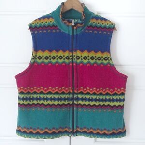 Vintage Susan Bristol Fleece Vest Large Colorful Art To Wear Boho Indie Full Zip